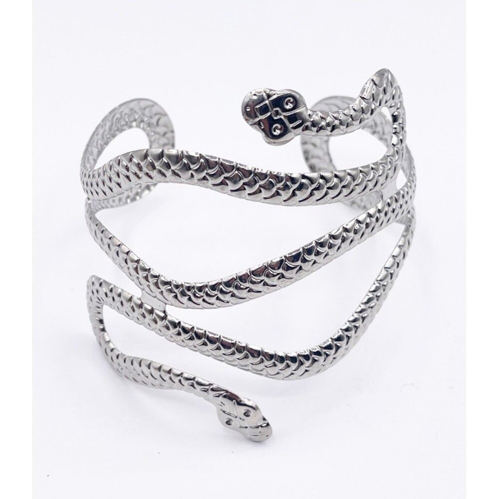 Silver Tone Double Headed Snake Upper Arm Cuff Bracelet Egyptian Revival Gothic